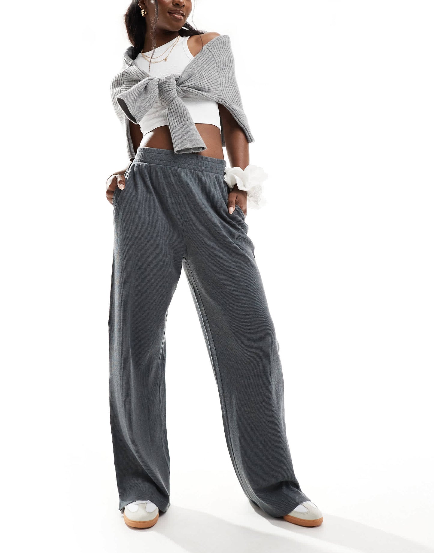 ASOS DESIGN waffle wide leg trouser in washed charcoal - CHARCOAL