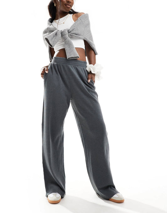 ASOS DESIGN waffle wide leg trouser in washed charcoal - CHARCOAL