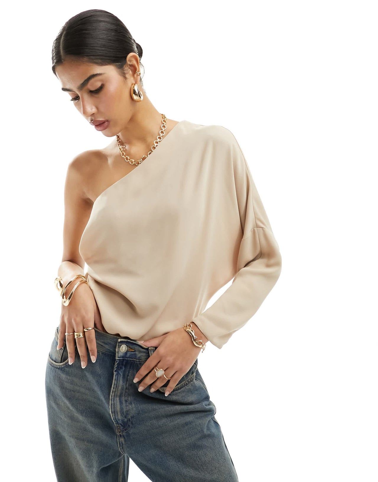 ASOS DESIGN drape one shoulder body in stone