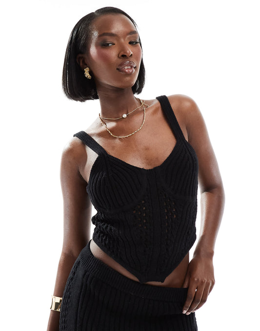 ASOS DESIGN knitted crochet corset top co-ord in black