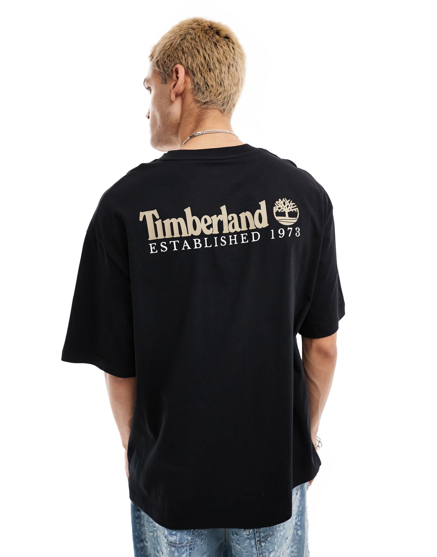 Timberland large script logo back print oversized t-shirt in black Exclusive to Asos