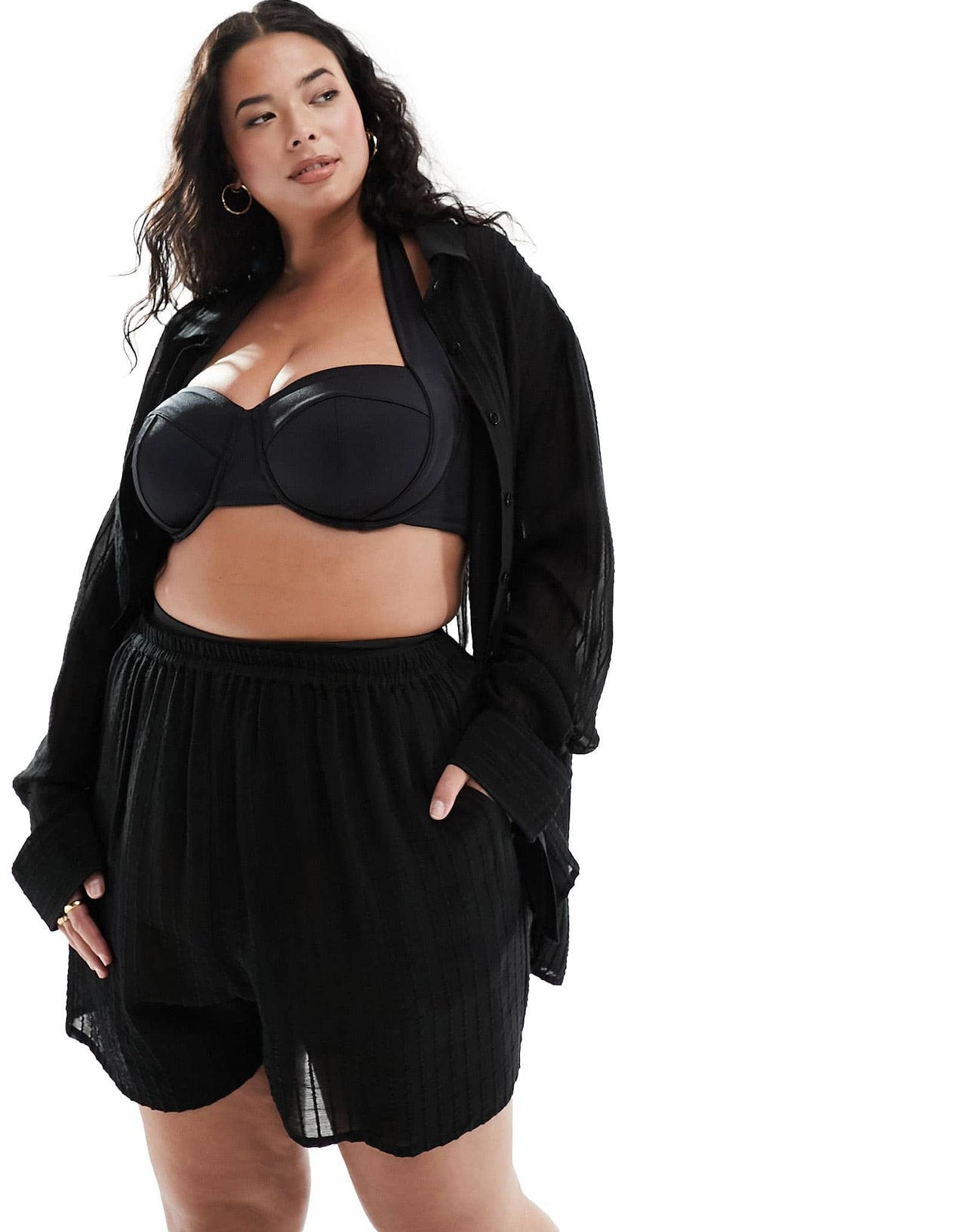 Esmee Plus sheer striped beach short co-ord in black