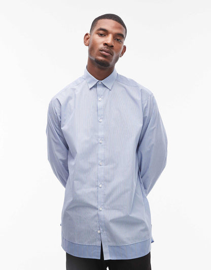 Topman long sleeve oversized spliced blue stripe shirt