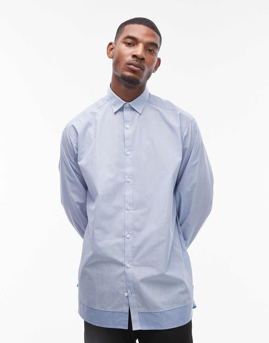 Topman long sleeve oversized spliced blue stripe shirt