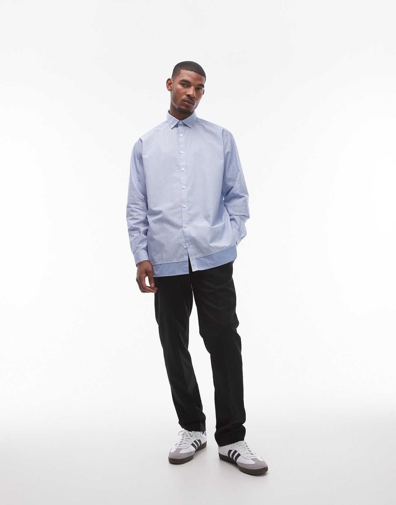 Topman long sleeve oversized spliced blue stripe shirt