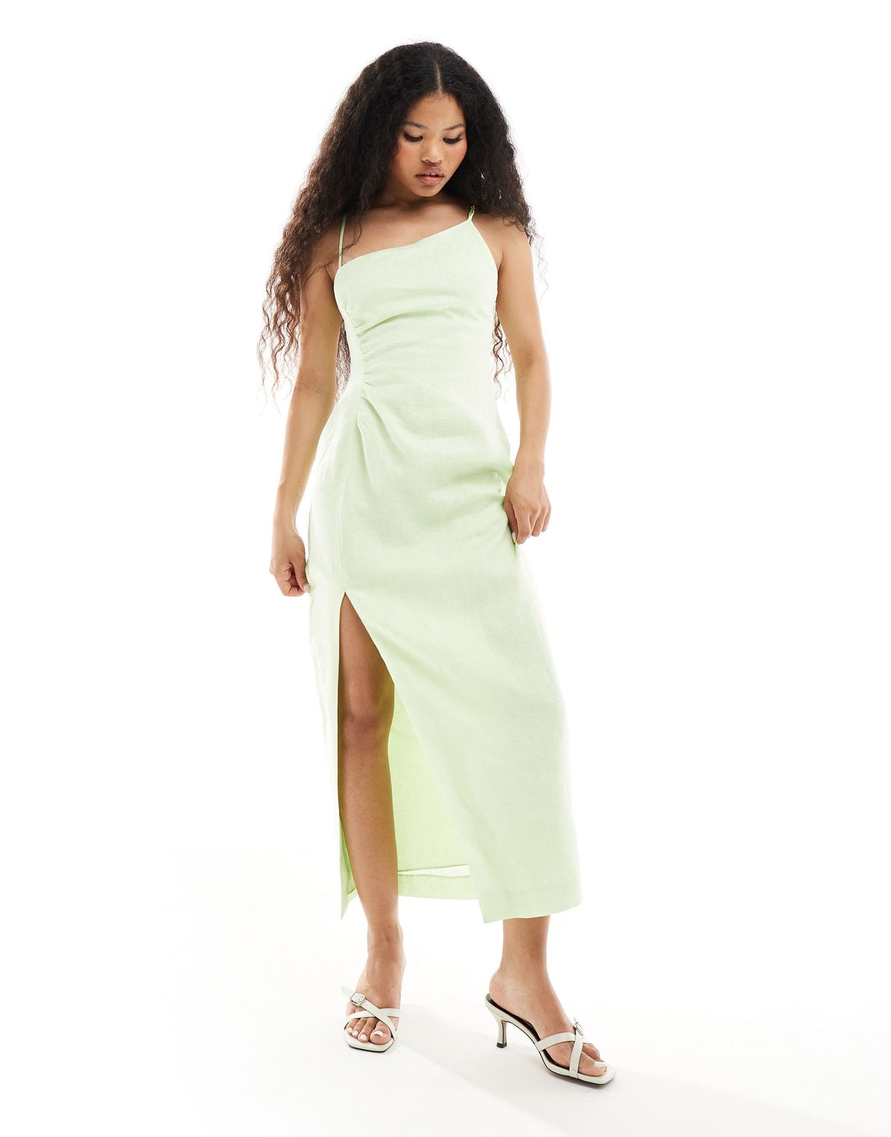 Forever New Petite asymmetrical linen tie back midi dress in lime green