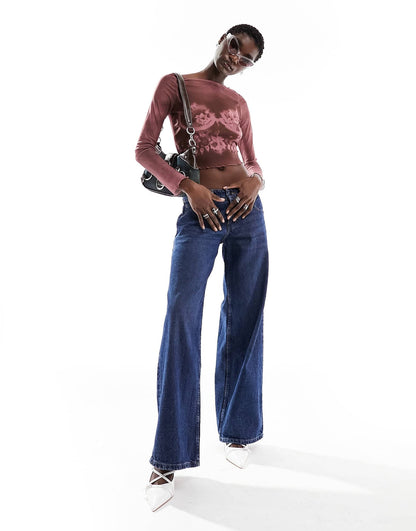 Motel lace scan mesh long sleeve top in burgundy and pink