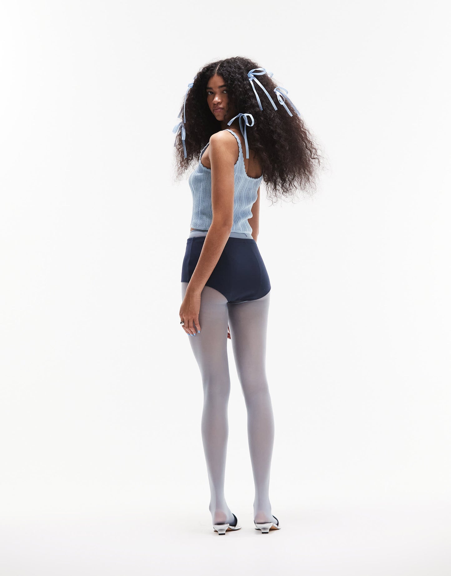 ASOS DESIGN knitted cami top in pointelle stitch with contrast bow detail in blue