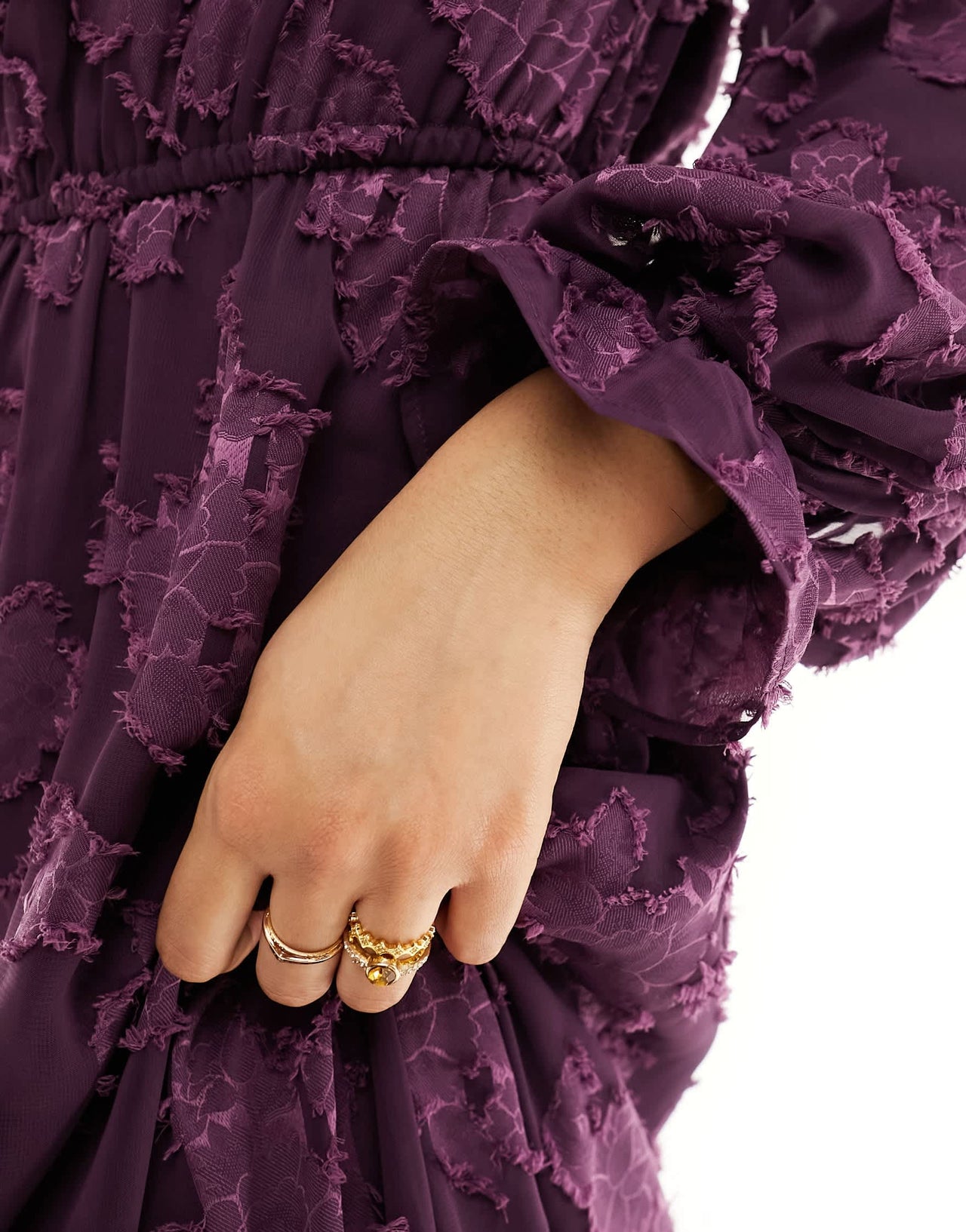 ASOS DESIGN high neck big sleeve jacquard maxi dress in plum