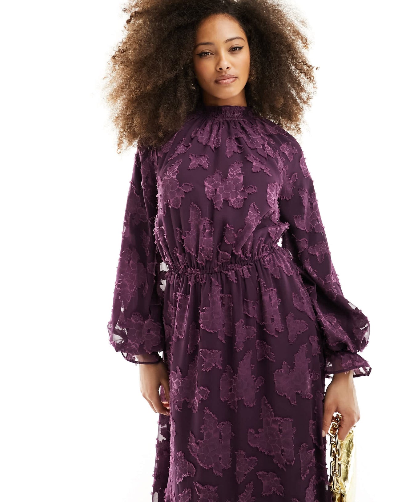 ASOS DESIGN high neck big sleeve jacquard maxi dress in plum
