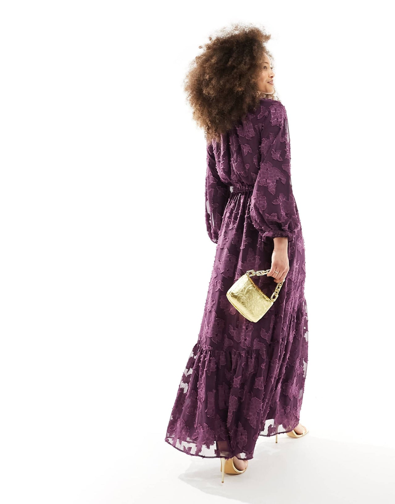 ASOS DESIGN high neck big sleeve jacquard maxi dress in plum