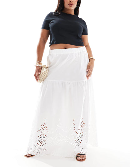 ONLY Curve embroidered tiered maxi skirt in white
