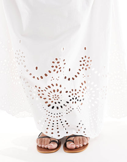 ONLY Curve embroidered tiered maxi skirt in white
