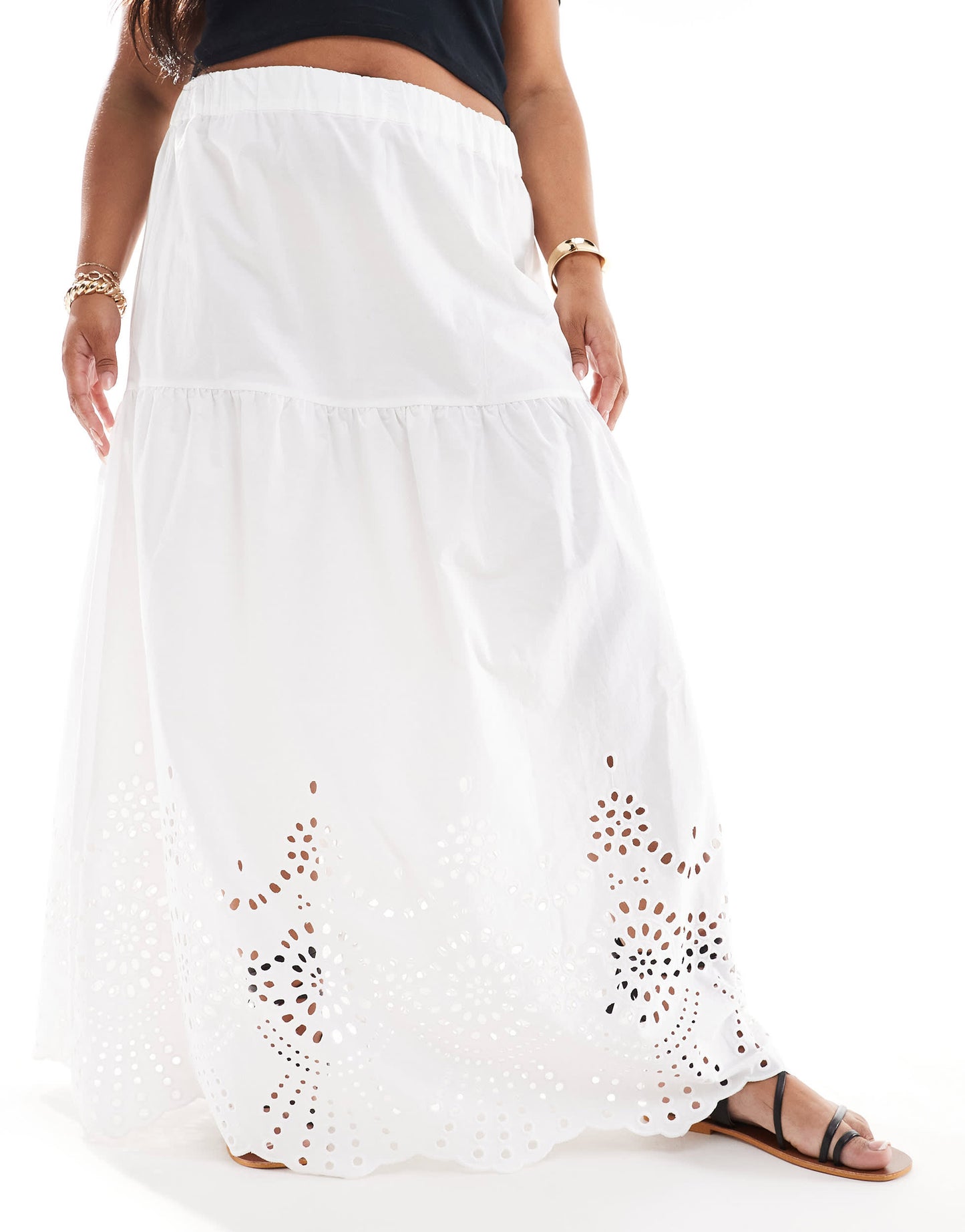 ONLY Curve embroidered tiered maxi skirt in white