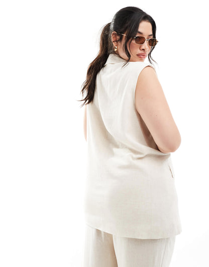 ONLY Curve linen blend sleeveless tailored vest co-ord in cream