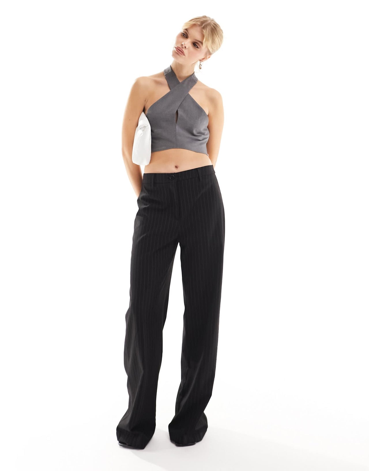 Pull&Bear crossover halterneck tie back top in charcoal grey