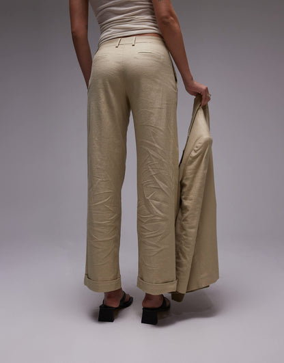 Topshop low slung wide leg linen trouser in sand