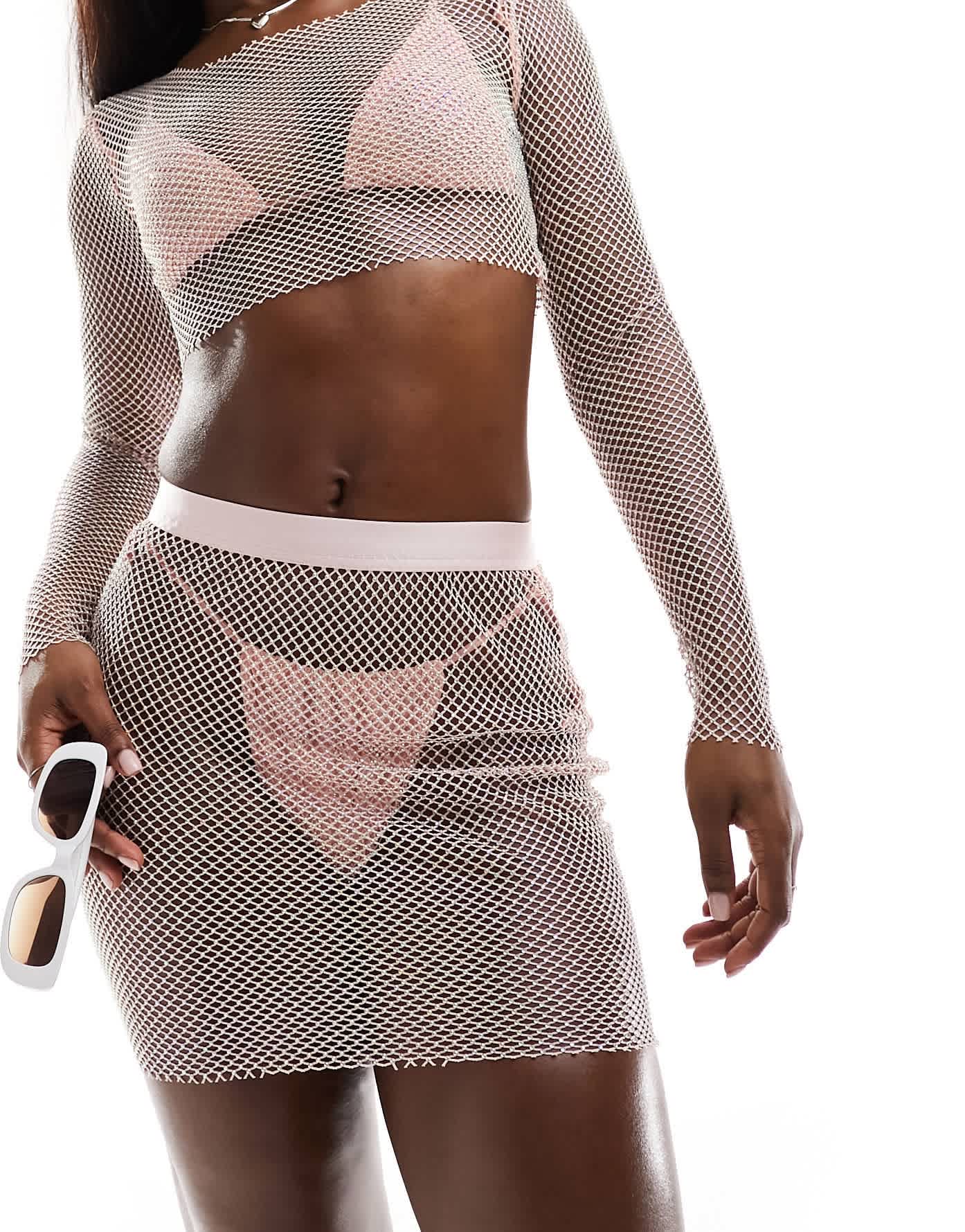 Simmi diamante netting mini skirt co-ord in baby pink