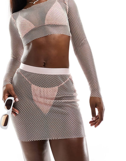 Simmi diamante netting mini skirt co-ord in baby pink