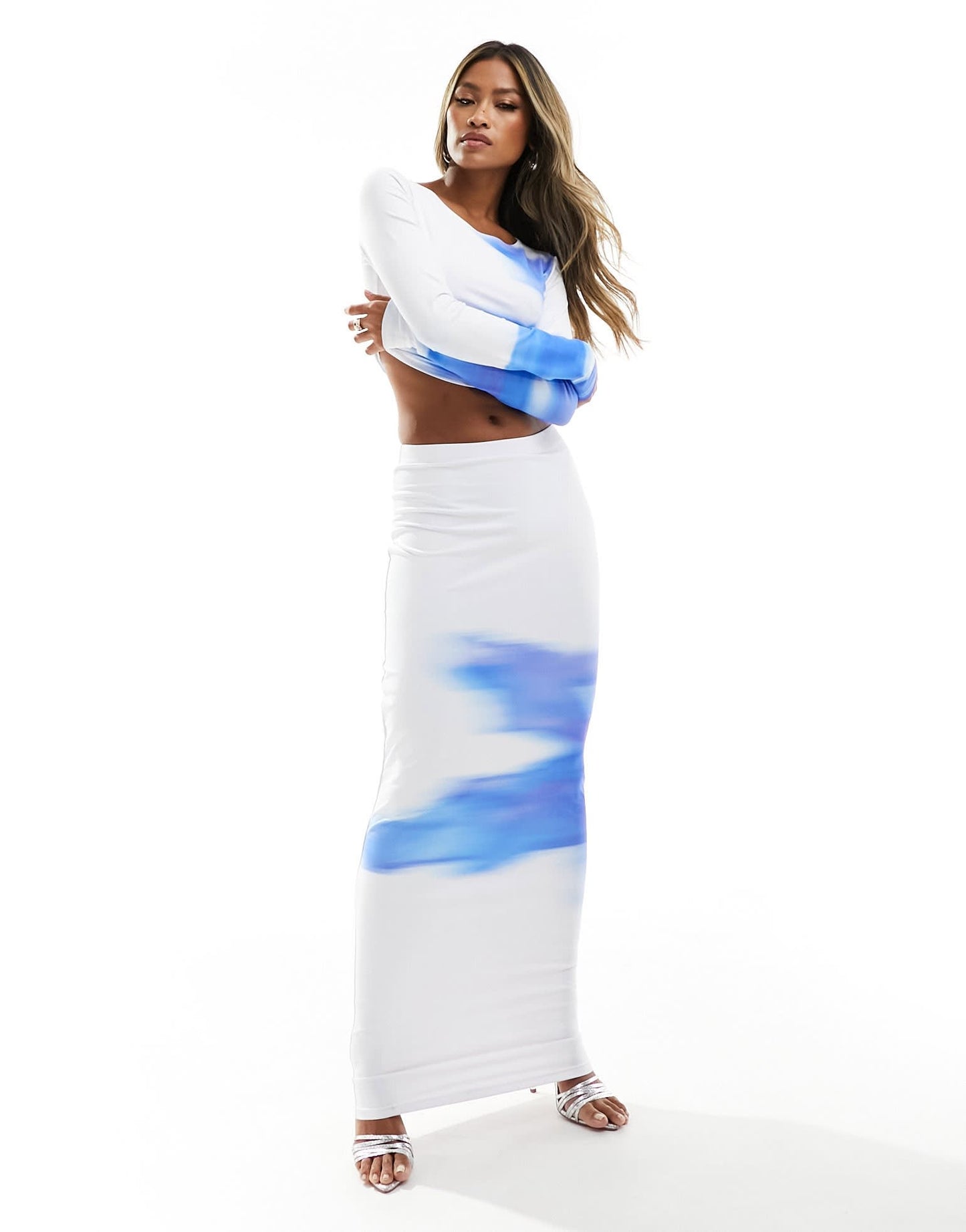 Simmi placement print maxi skirt co-ord in white and blue