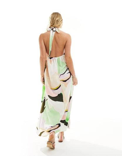 ASOS DESIGN cupro clean halter maxi sundress in  bright abstract print