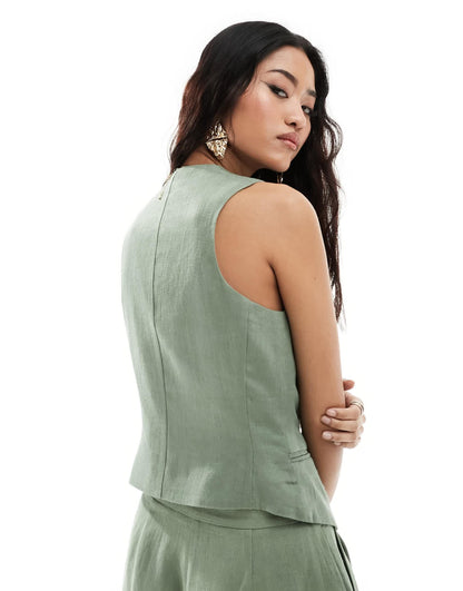 ASOS DESIGN waistcoat with linen in khaki