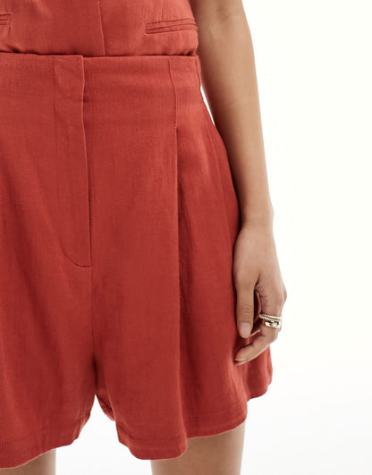 ASOS DESIGN high waist seam detail shorts with linen in rust
