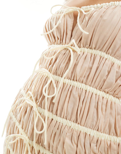 ASOS DESIGN tiered mini dress with contrast tie straps in stone