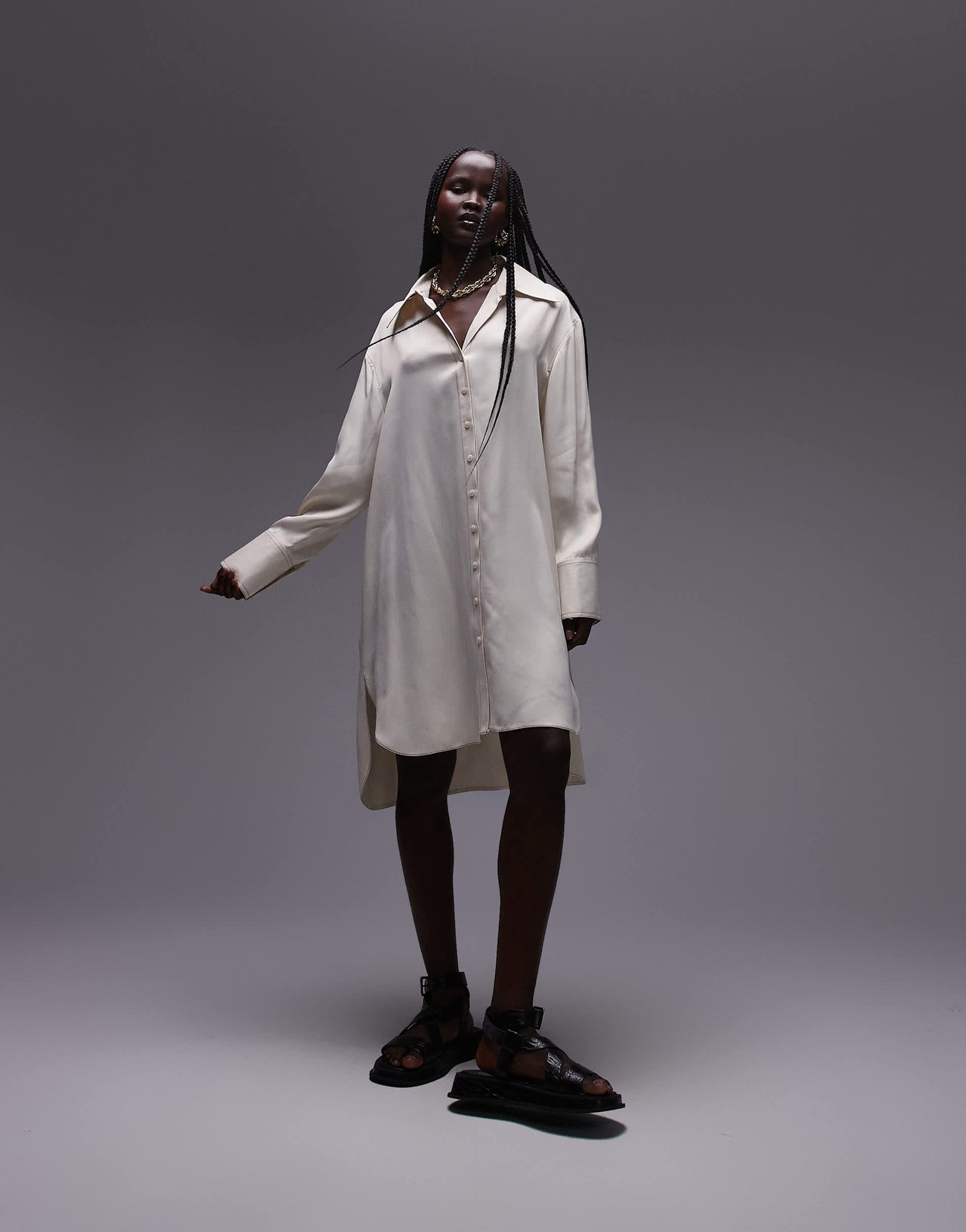 Topshop premium satin mini shirt dress with step hem in ivory