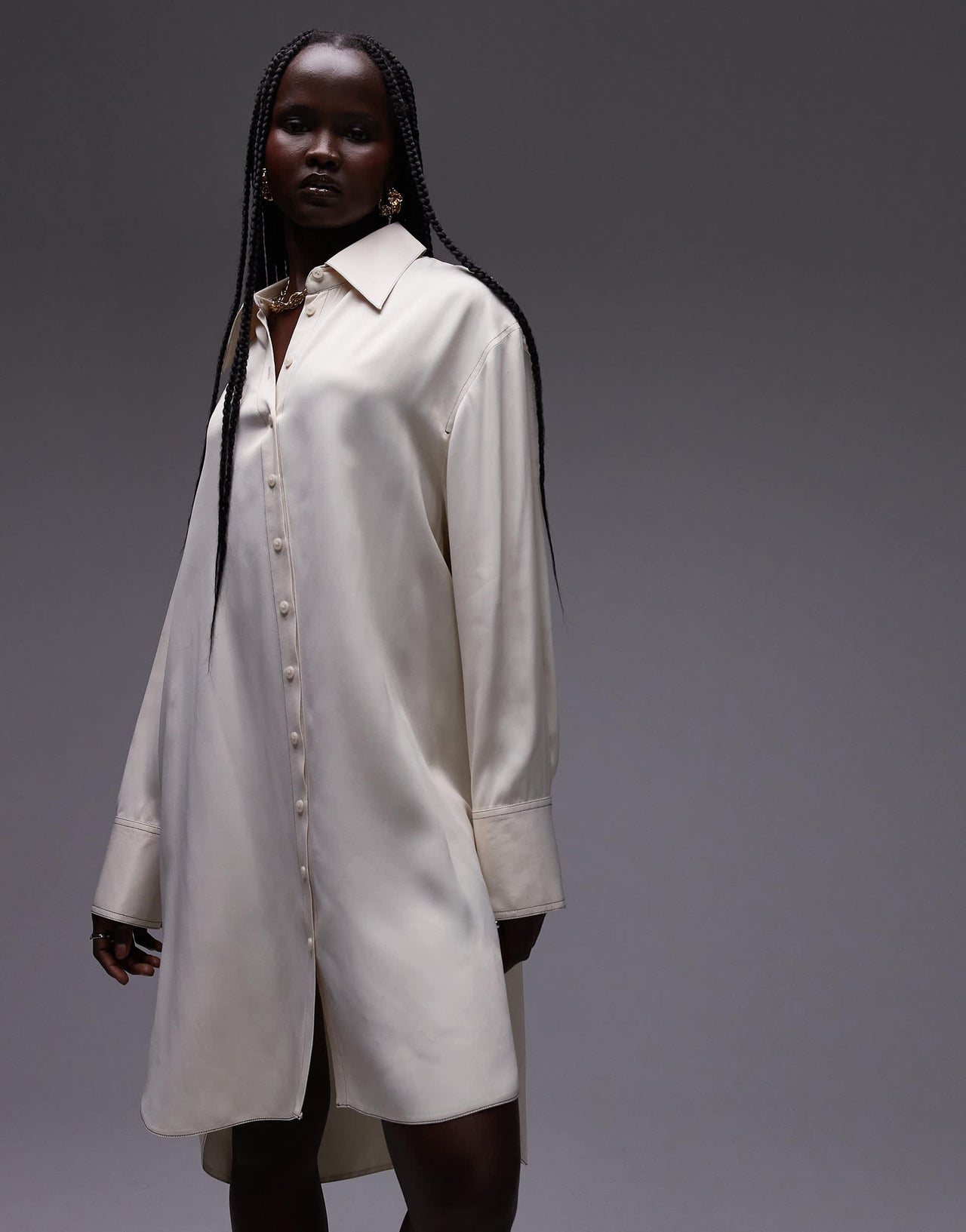 Topshop premium satin mini shirt dress with step hem in ivory