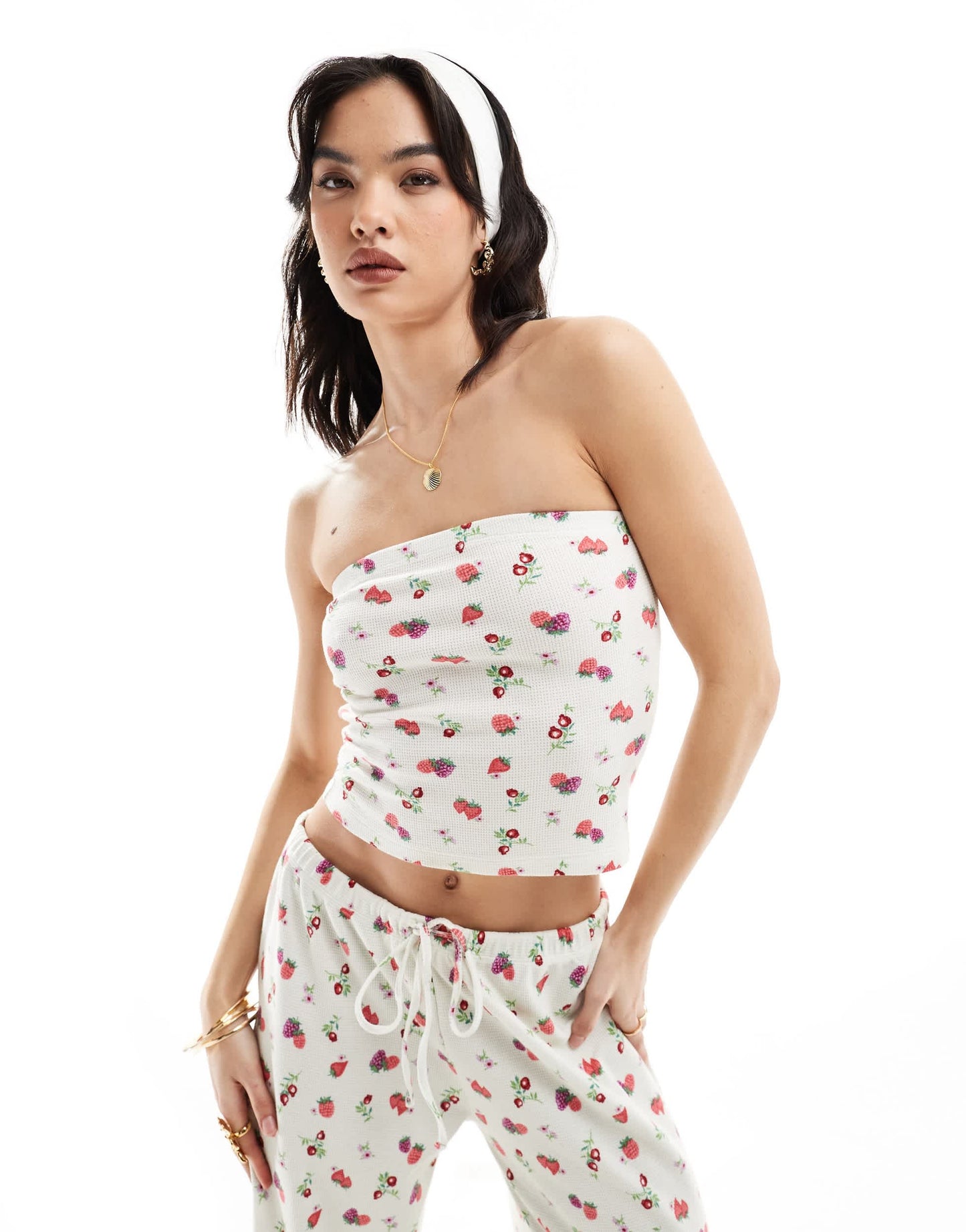 ASOS DESIGN waffle bandeau co-ord in fruit print