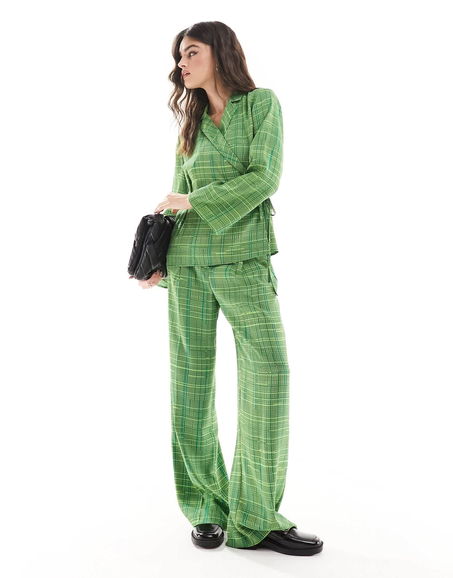 French Connection Carmen crepe tie side top in green check co-ord