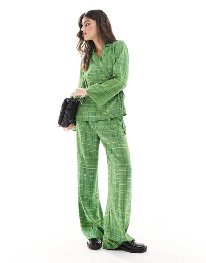 French Connection Carmen crepe tie side top in green check co-ord