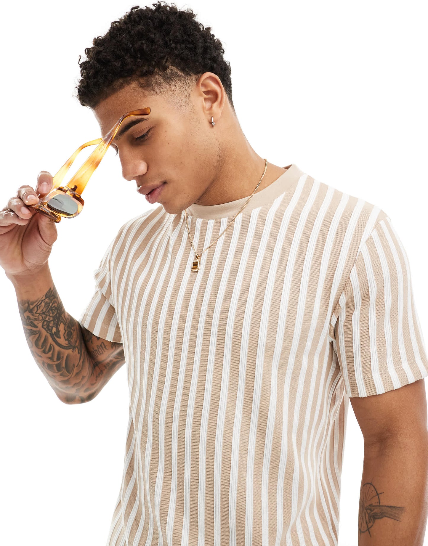ASOS DESIGN t-shirt in textured beige stripe