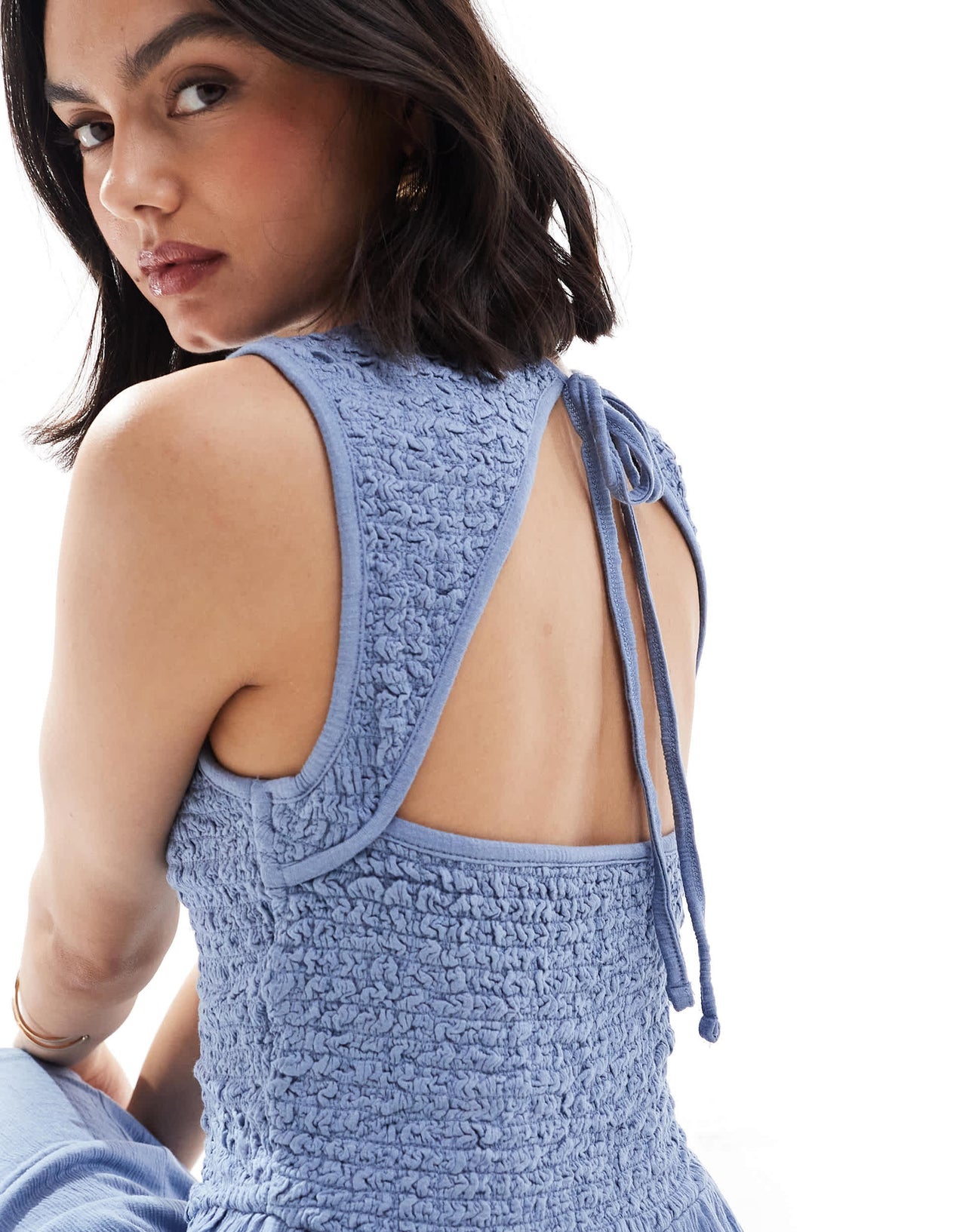 ASOS DESIGN crinkle shirred bodice mini dress with open back in denim blue