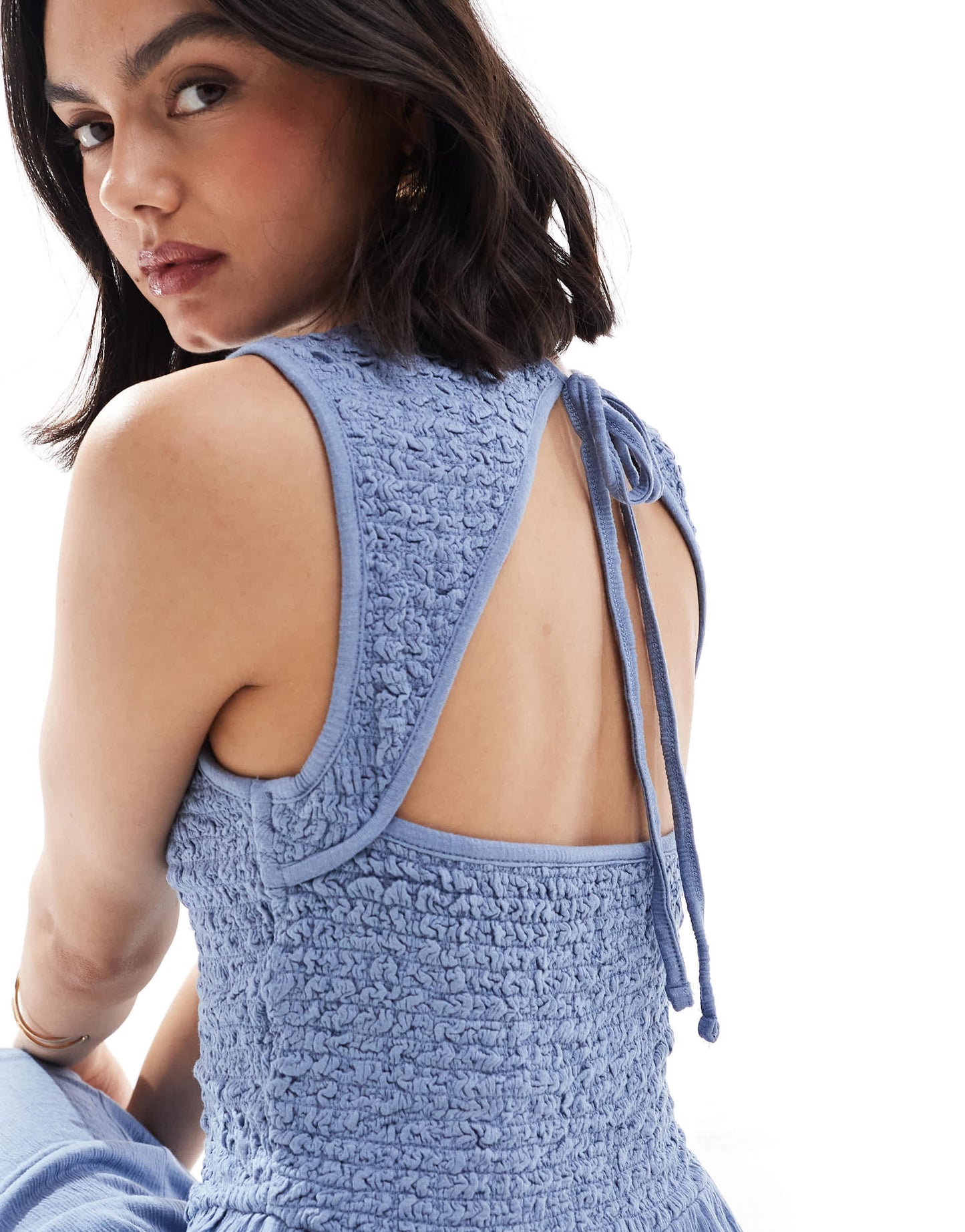 ASOS DESIGN crinkle shirred bodice mini dress with open back in denim blue