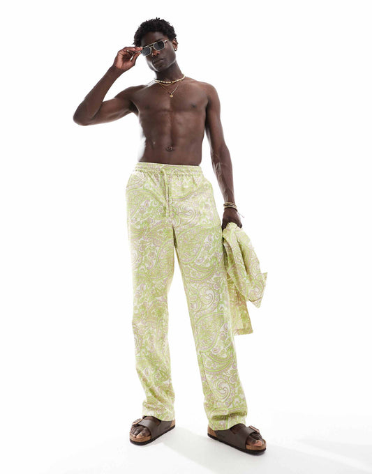 ASOS DESIGN Co-ord satin paisley printed wide leg trouser with elasticated waist