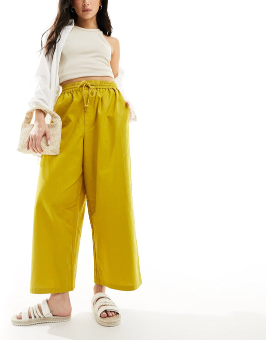 ASOS DESIGN pull on barrel leg trouser with linen in chartreuse