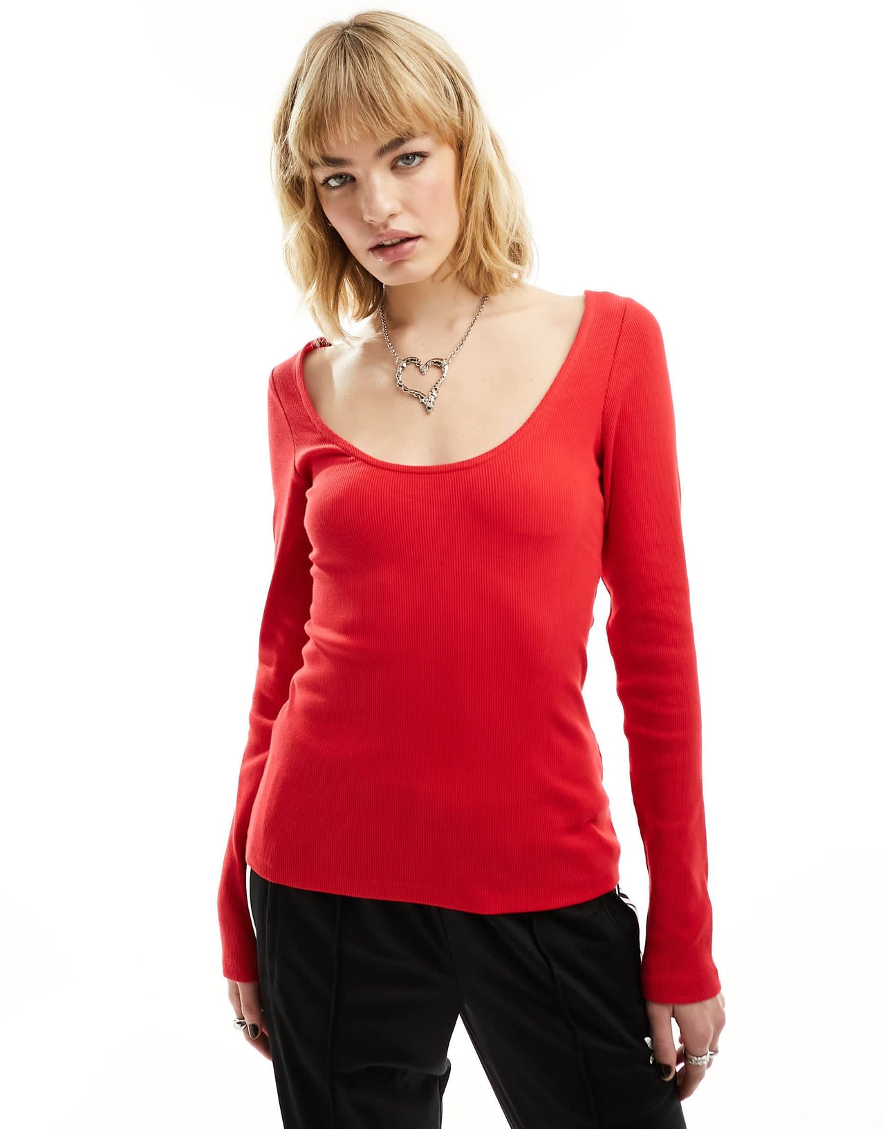 Monki long sleeve scoop back top in red
