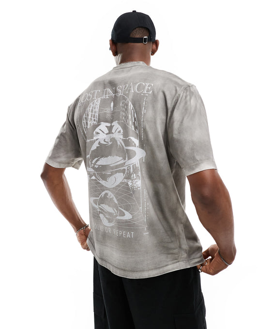 ASOS DESIGN oversized t-shirt in heavyweight 220gsm grey wash with celestial back print