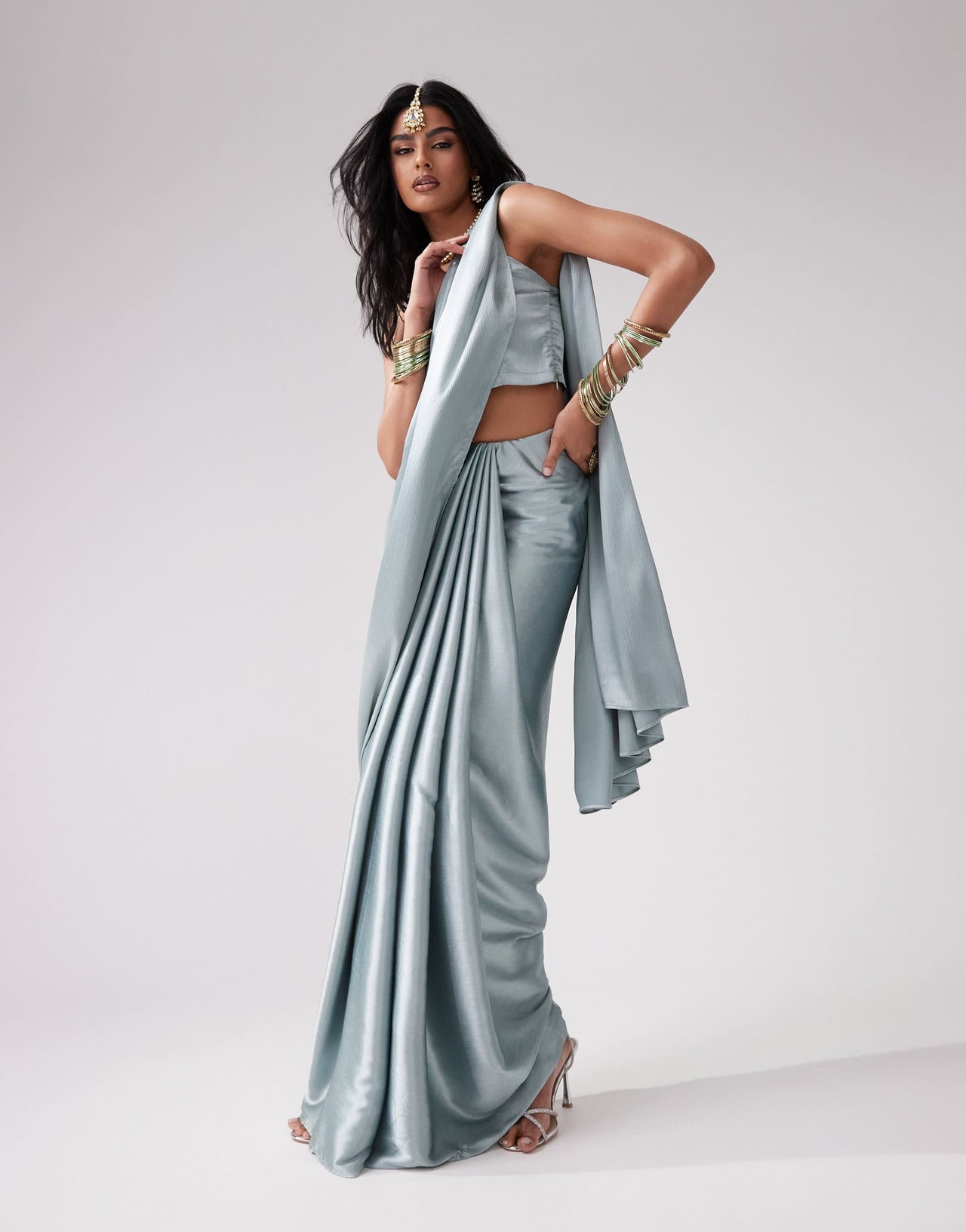 Kanya London saree co-ord set in misty blue