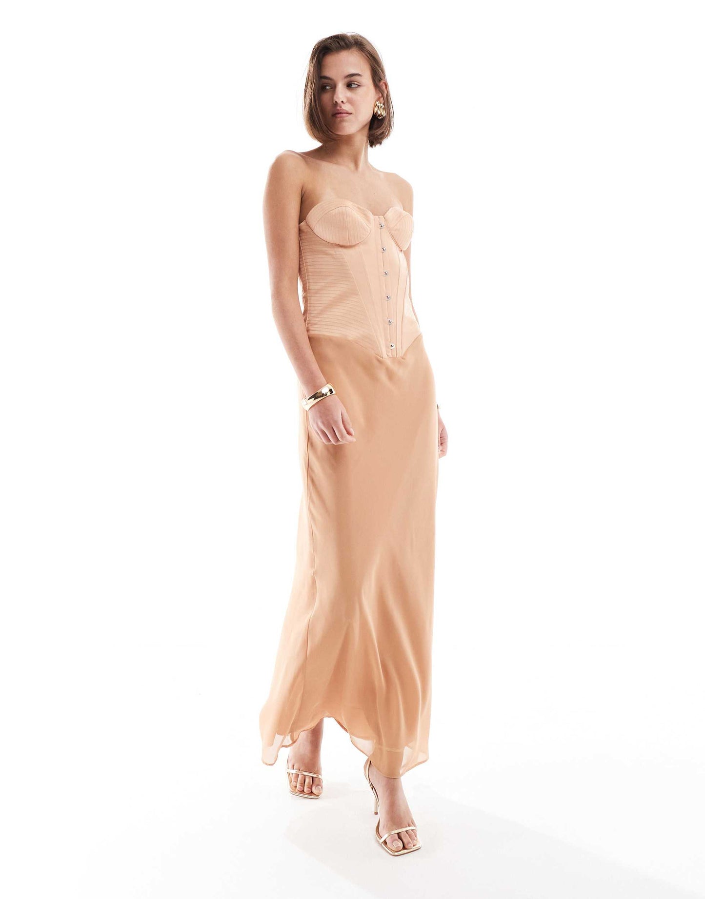 ASOS DESIGN satin corset chiffon skirt maxi dress in camel
