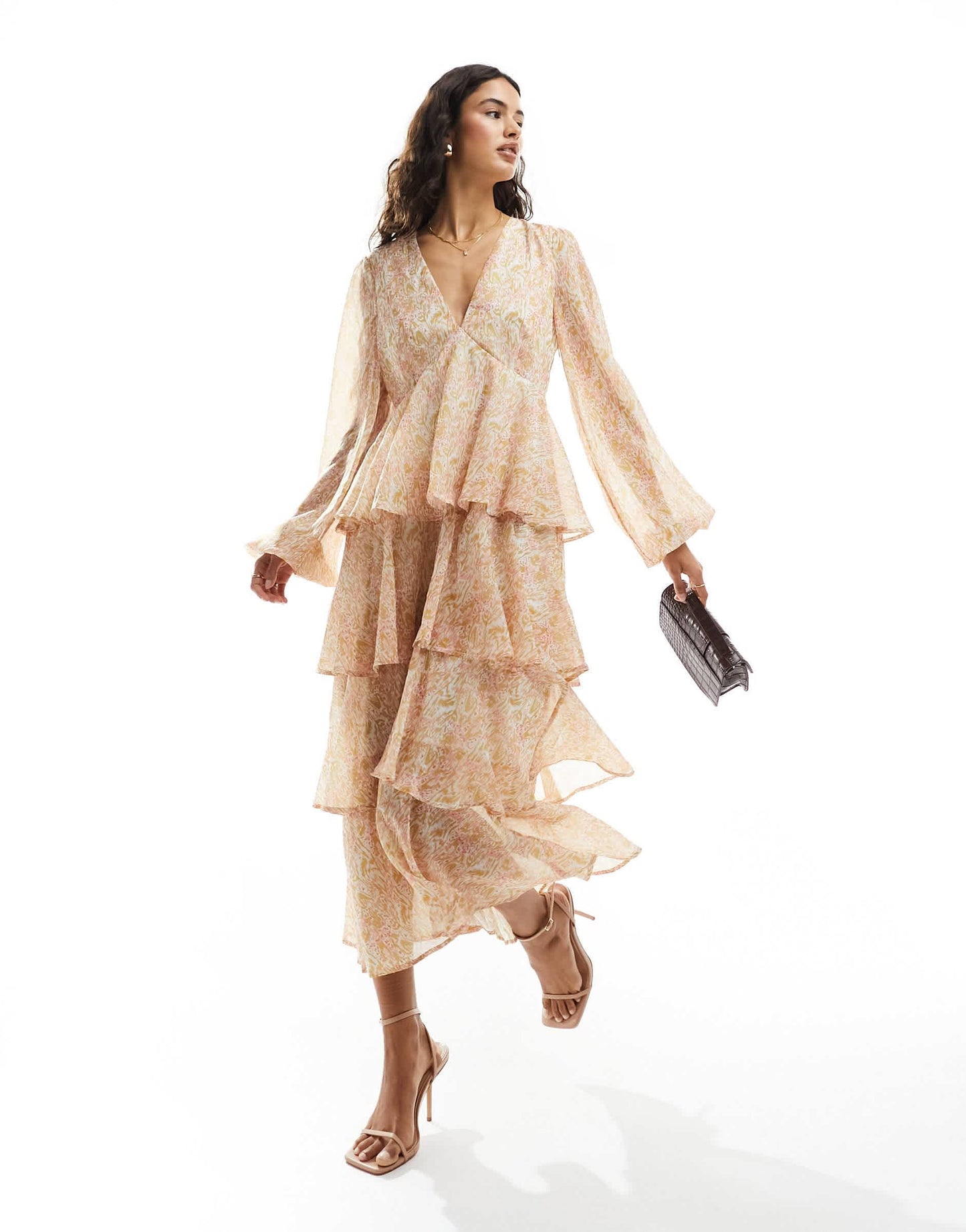 Pretty Lavish balloon sleeve tiered midaxi dress in animal sorbet