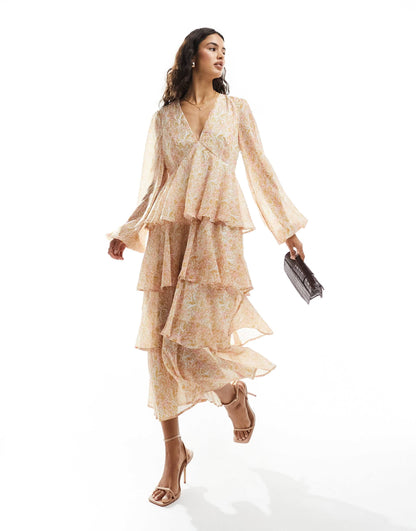 Pretty Lavish balloon sleeve tiered midaxi dress in animal sorbet