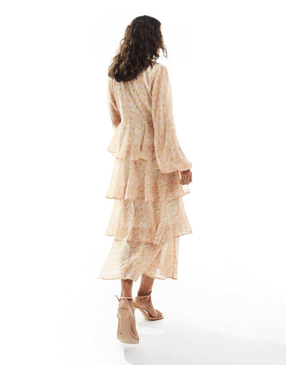 Pretty Lavish balloon sleeve tiered midaxi dress in animal sorbet