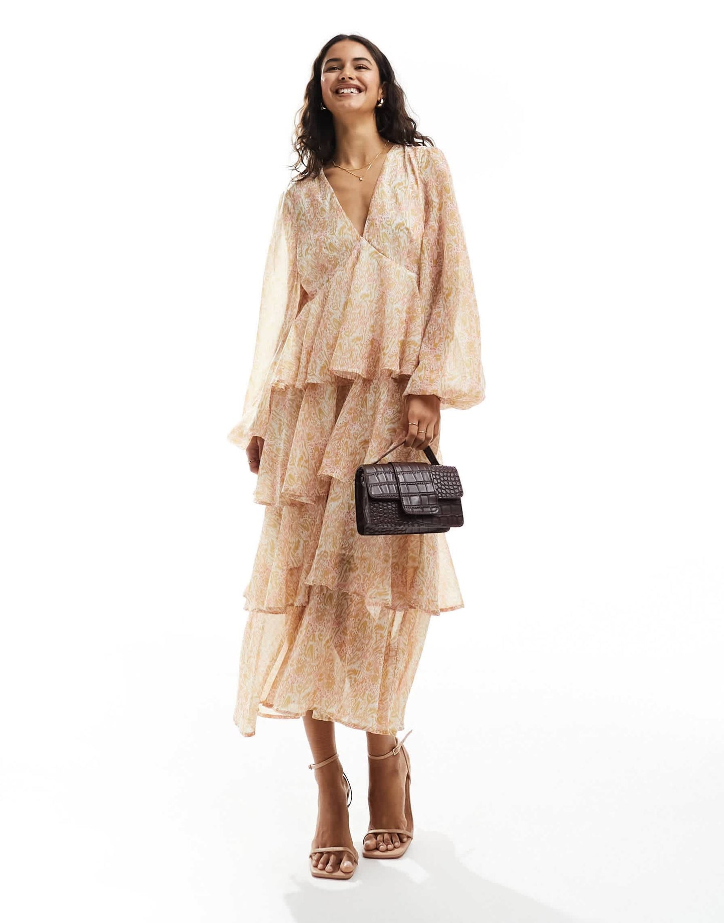 Pretty Lavish balloon sleeve tiered midaxi dress in animal sorbet