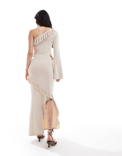 Pretty Lavish asymmetric ruffle knit maxi dress in cream