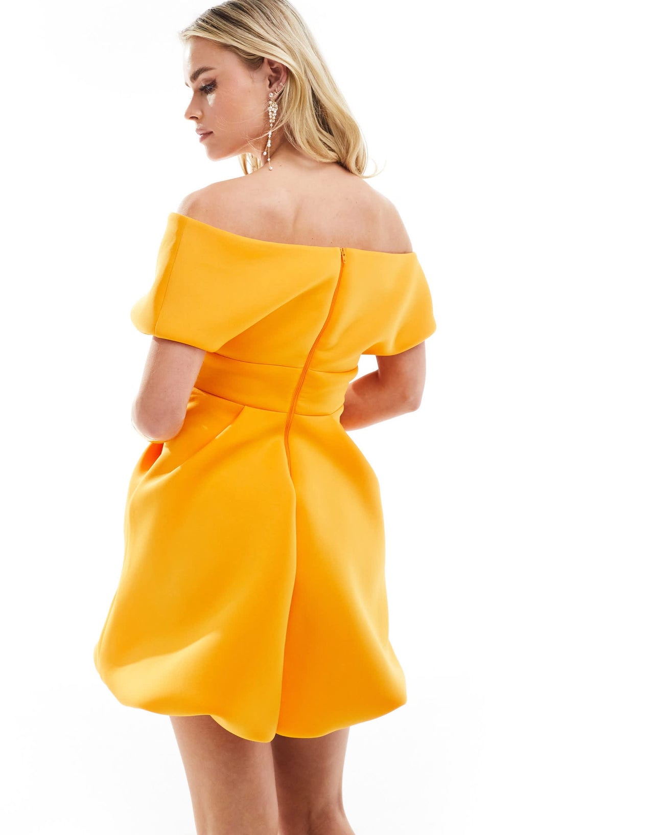 ASOS DESIGN Petite off shoulder  bubble mini dress in orange in scuba-style fabric