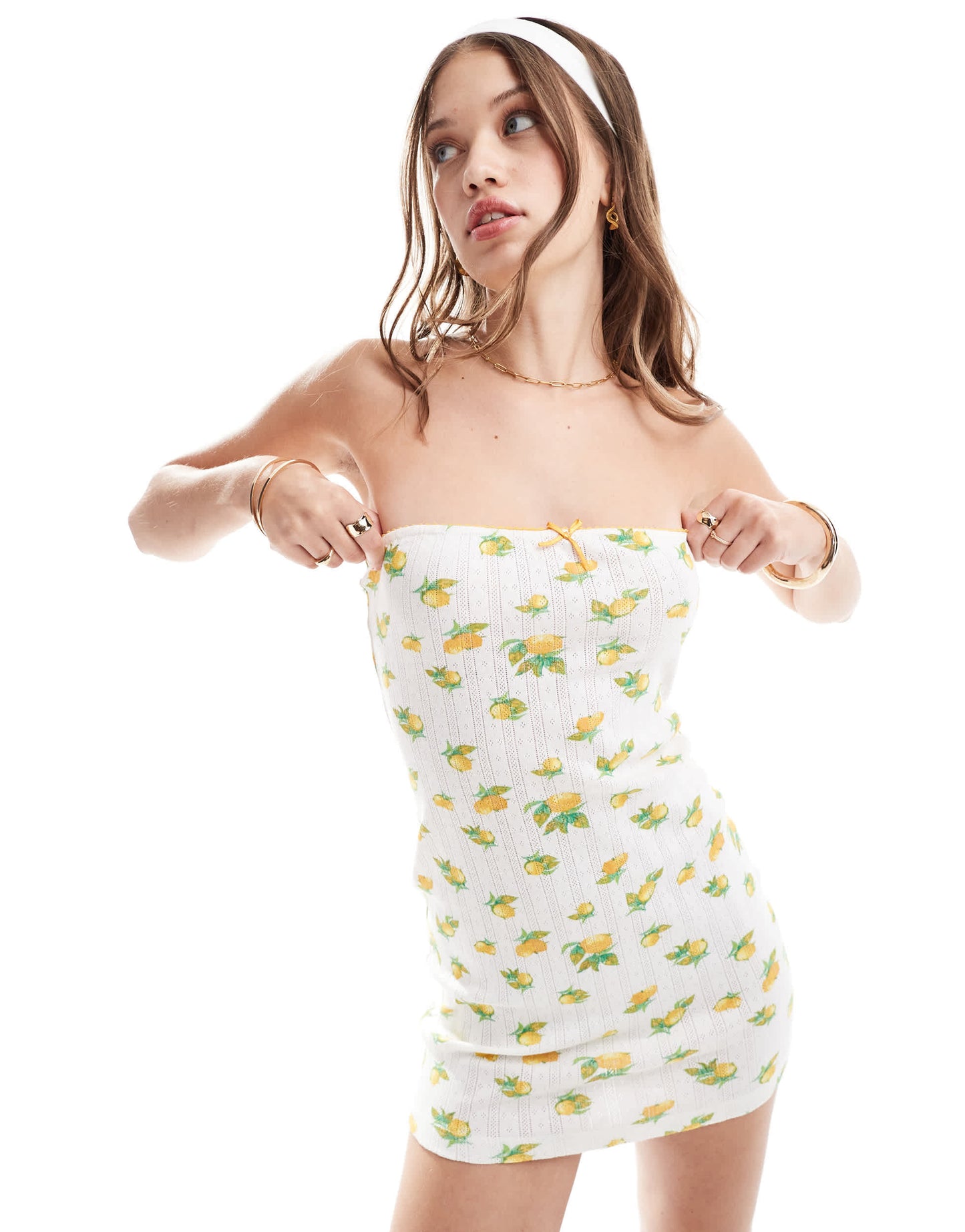 ASOS DESIGN pointelle bandeau mini dress in lemon fruit print