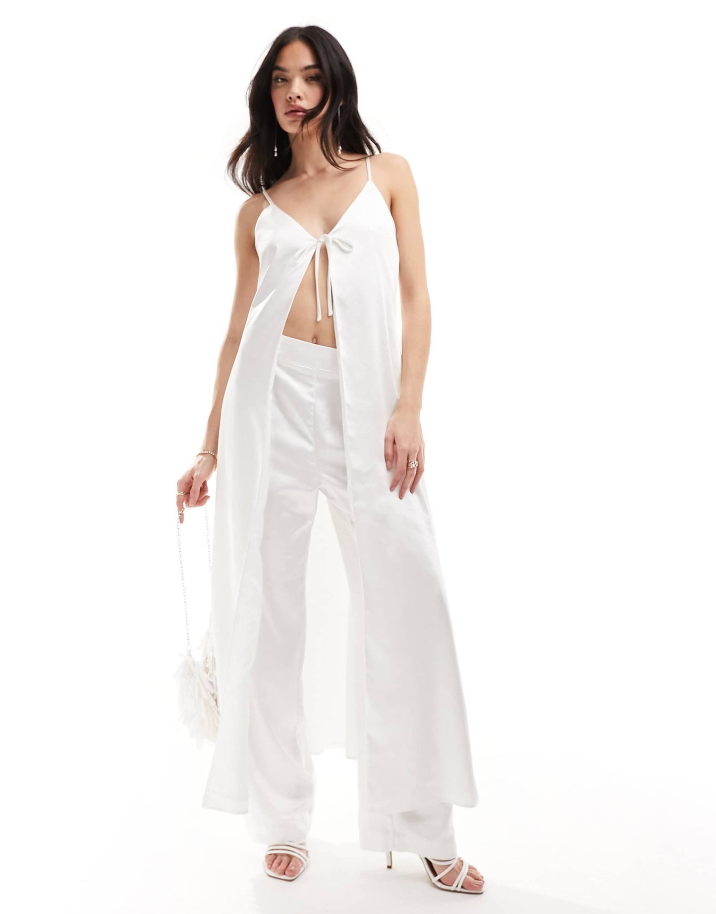 Y.A.S Bridal satin tie front maxi cami top co-ord with train in white